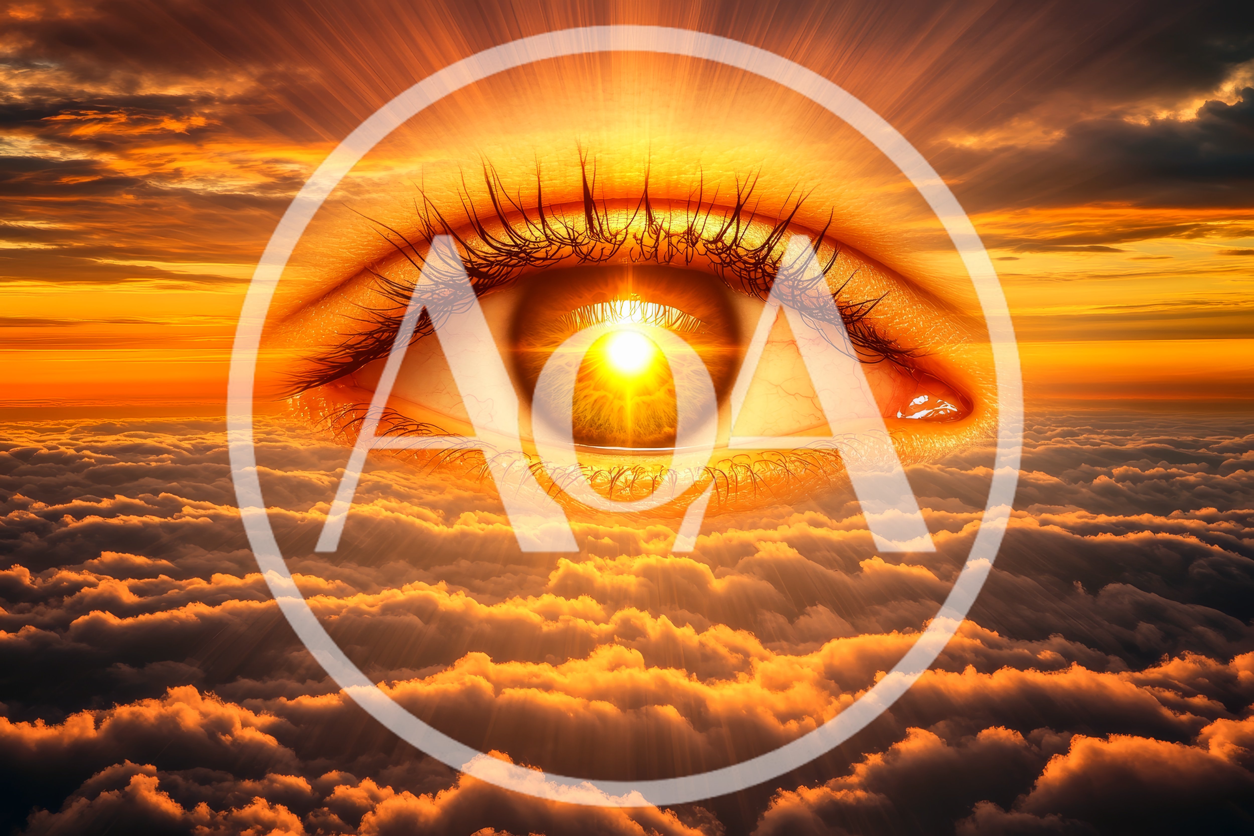 Surreal Giant Human Eye Floating Above Golden Clouds