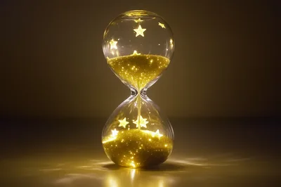 Glowing Hourglass With Golden Sand And Floating Stars