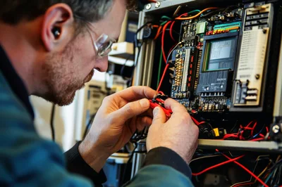 Technician Repairing Industrial Electronic Control Panel