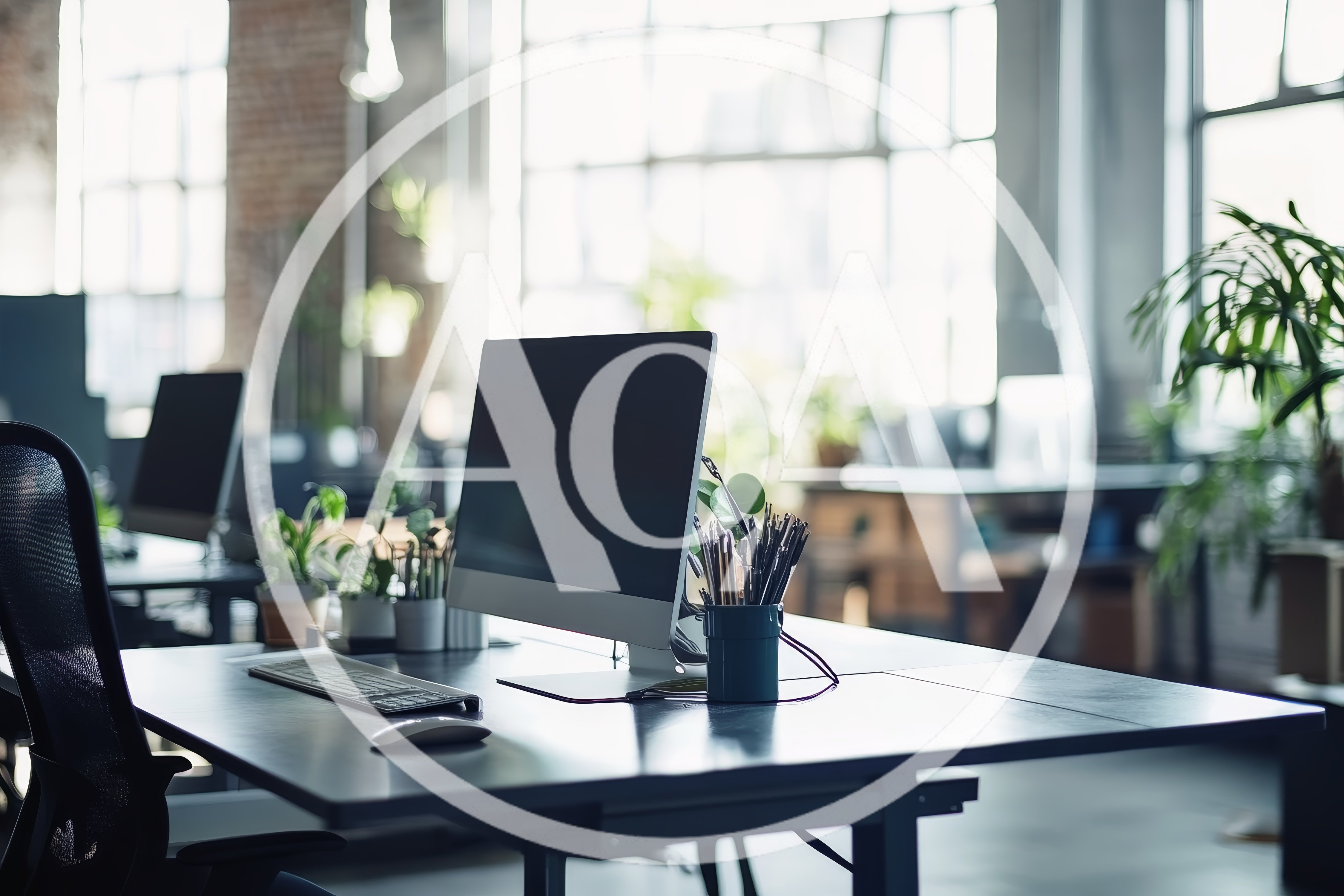 Modern Office Workspace With Computer And Desk Plants