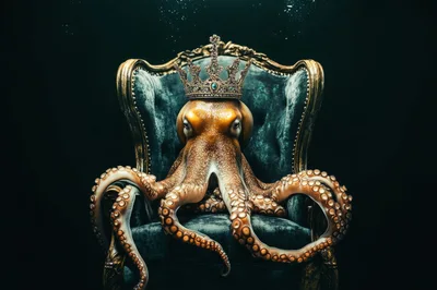 Golden Octopus Wearing A Royal Crown On Velvet Throne