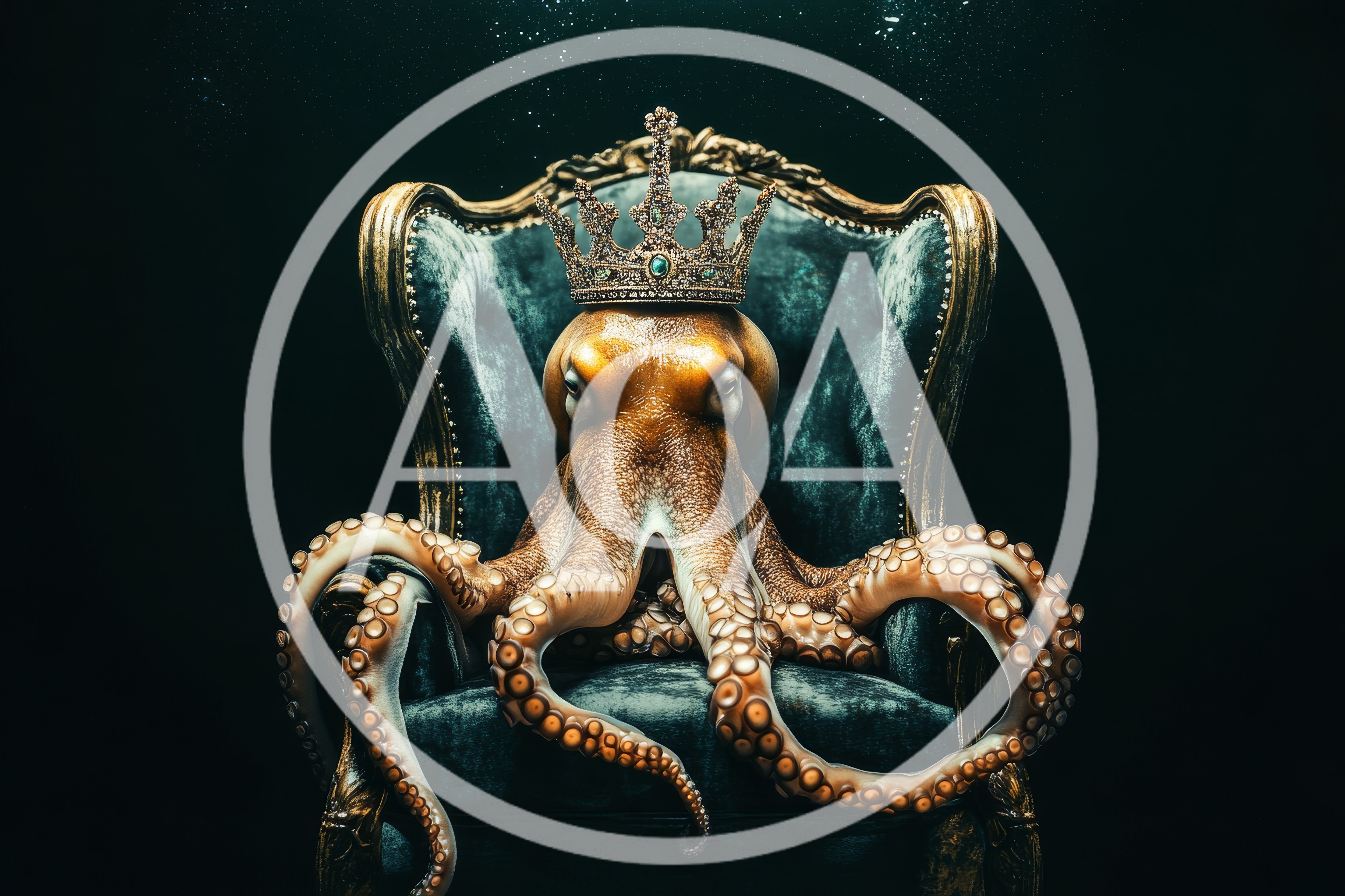 Golden Octopus Wearing A Royal Crown On Velvet Throne