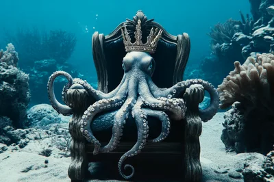 Octopus King Sitting On An Underwater Throne