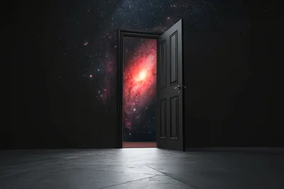Open Door Revealing A Glowing Red Galaxy In Space
