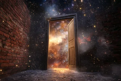 Open Doorway Revealing A Glowing Cosmic Nebula