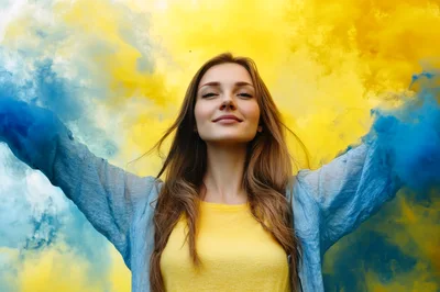 Young Woman Celebrating With Blue And Yellow Smoke
