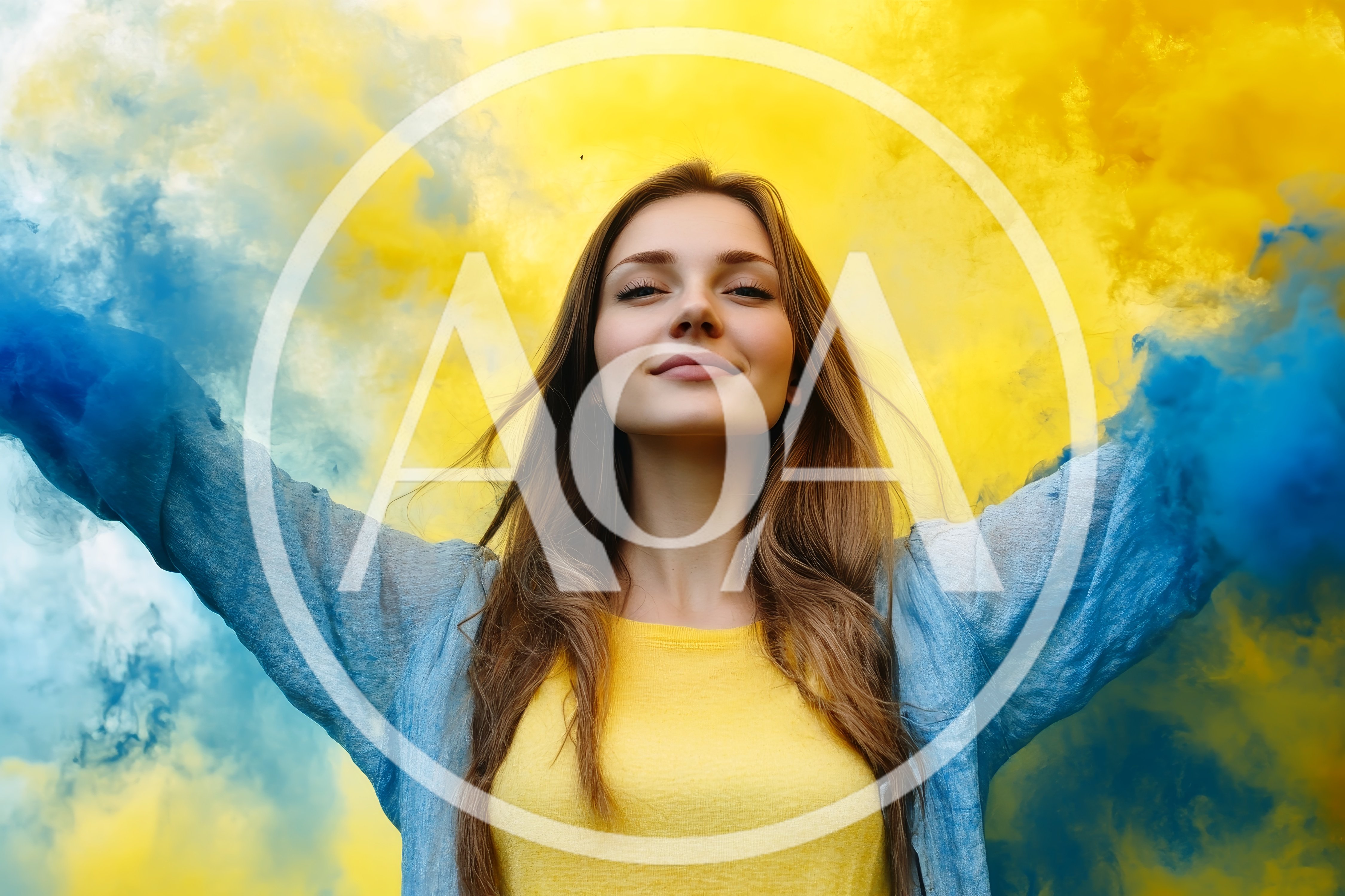Young Woman Celebrating With Blue And Yellow Smoke