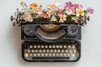 Vintage Black Typewriter Decorated With Colorful Spring Flowers