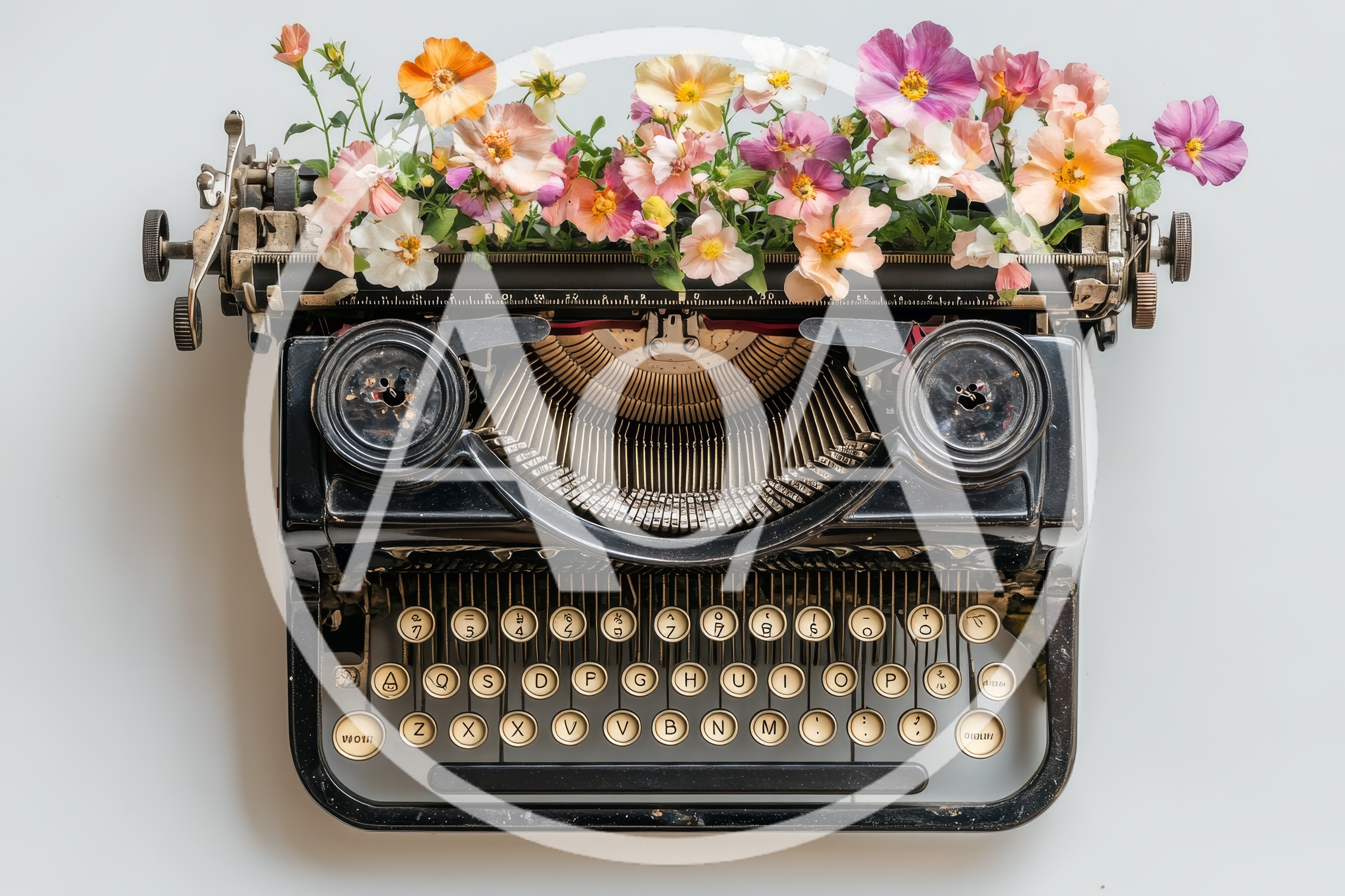 Vintage Black Typewriter Decorated With Colorful Spring Flowers