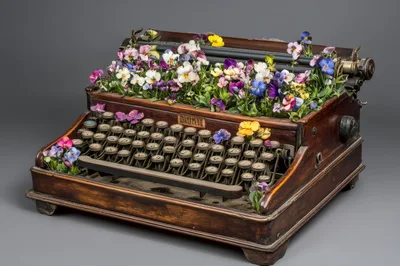 Vintage Typewriter Overflowing With Colorful Pansy Flowers