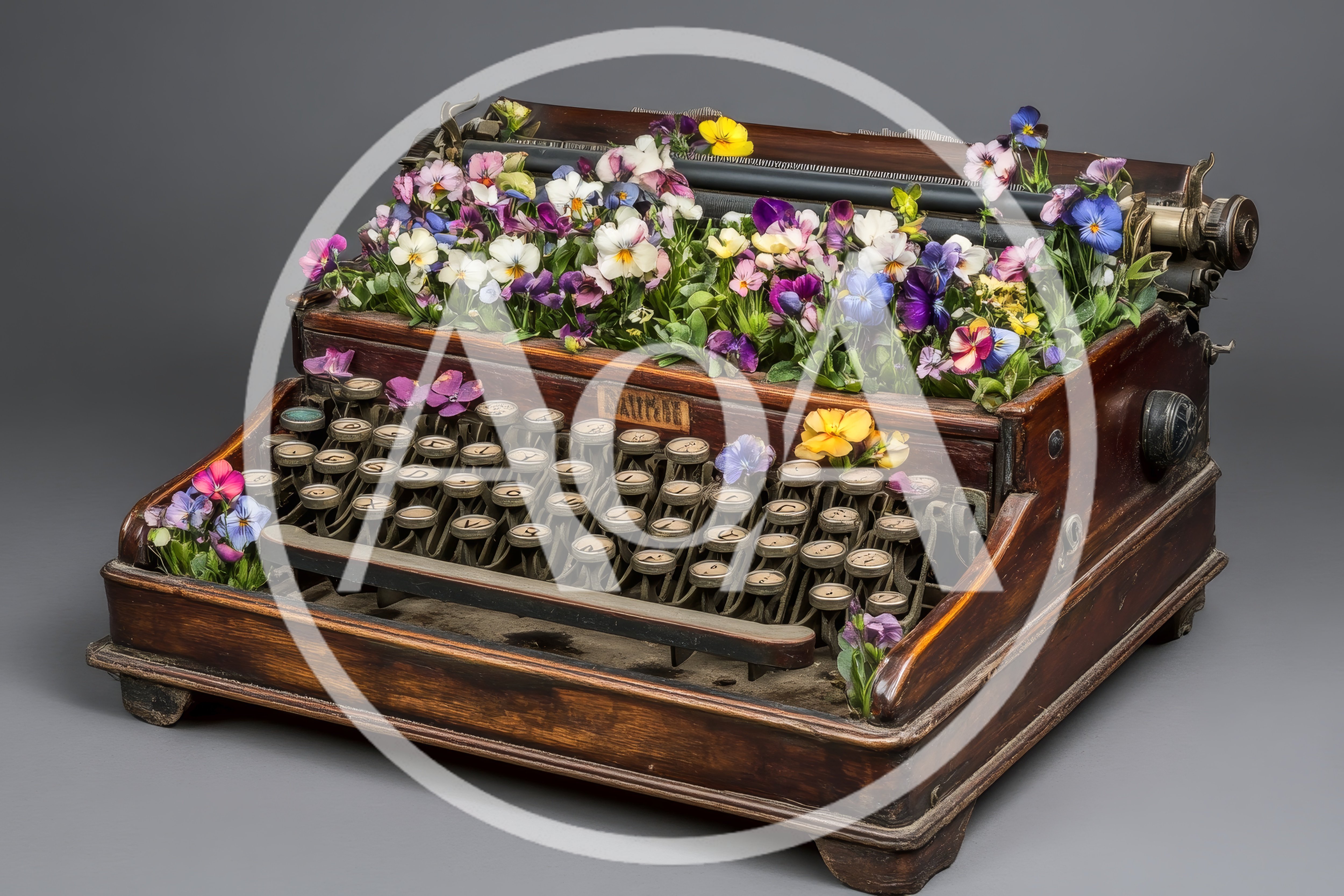 Vintage Typewriter Overflowing With Colorful Pansy Flowers