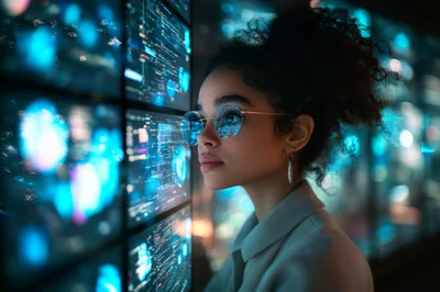 Young Woman Observing Digital Data Screens