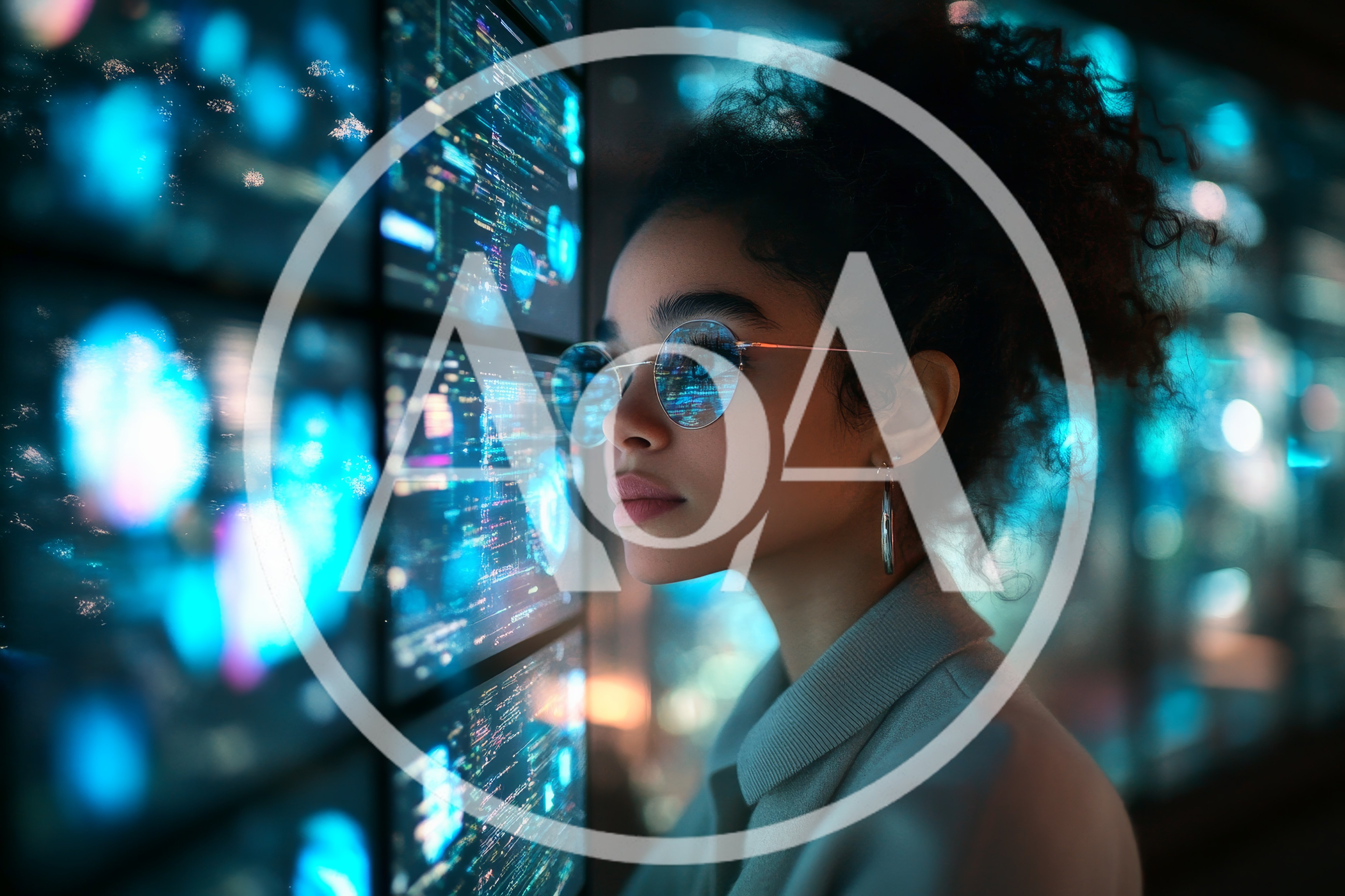 Young Woman Observing Digital Data Screens