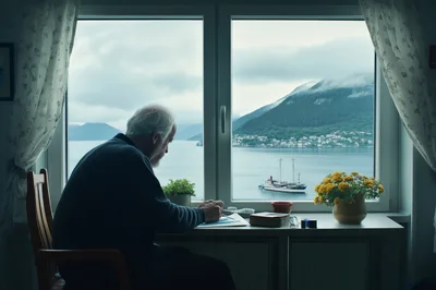Elderly Man Drawing At A Window Overlooking A Fjord