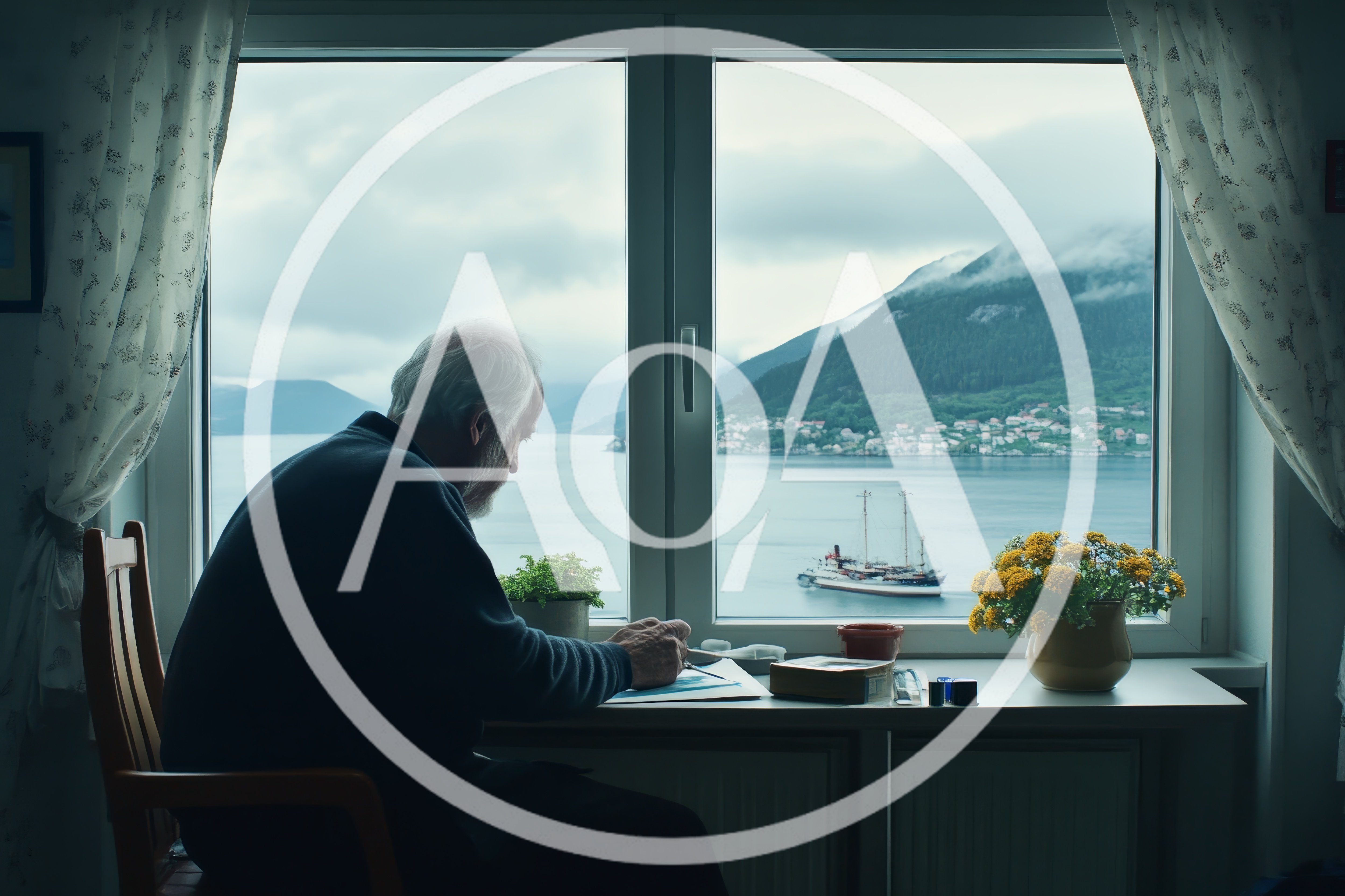 Elderly Man Drawing At A Window Overlooking A Fjord