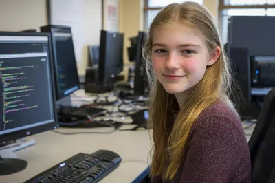 Young Girl Programming on Computer in Classroom