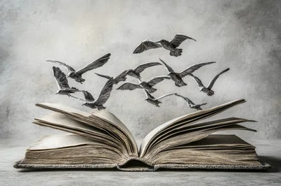 Silver Birds Emerging From An Open Antique Book