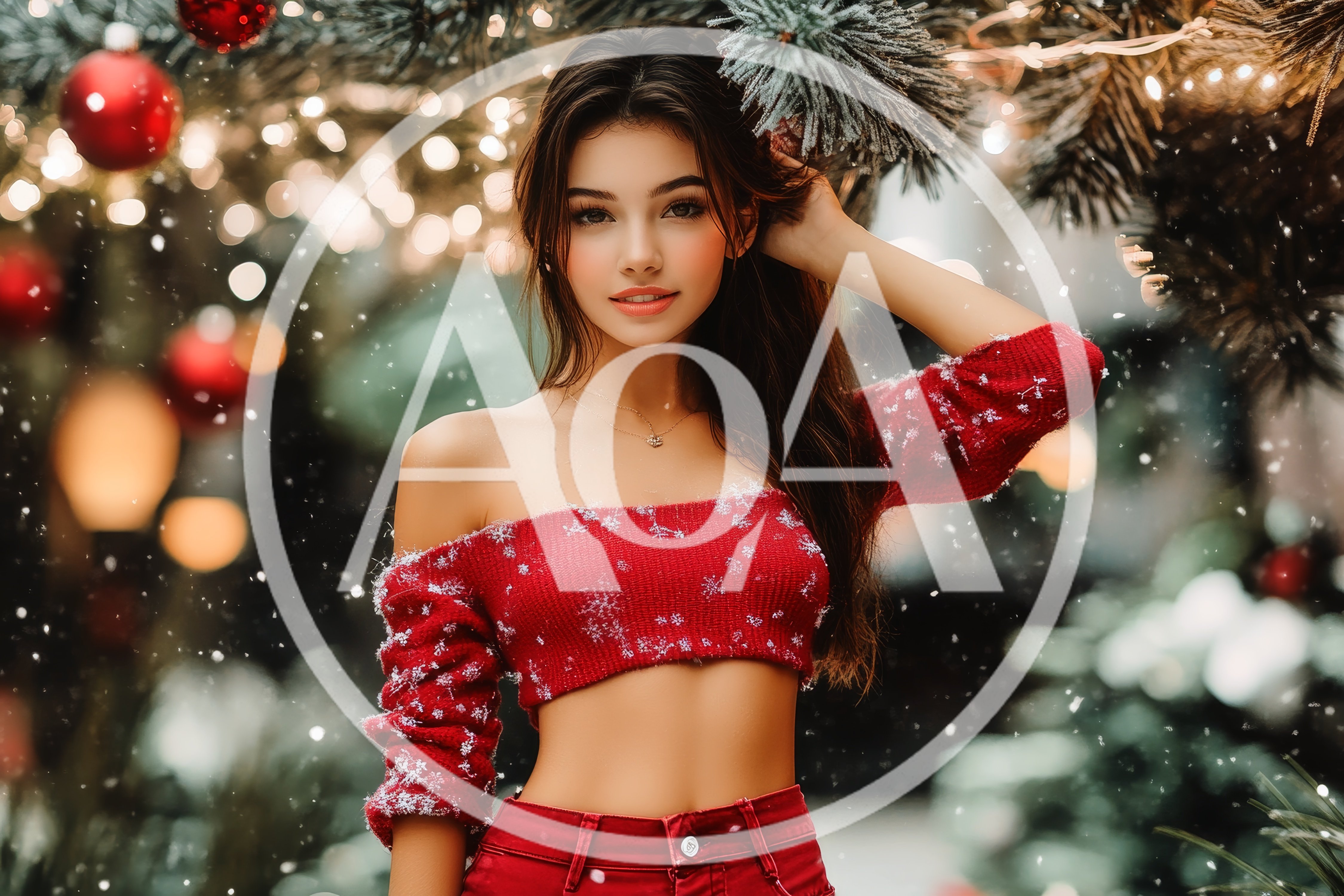 Young Woman Posing In Red Crop Top During Winter