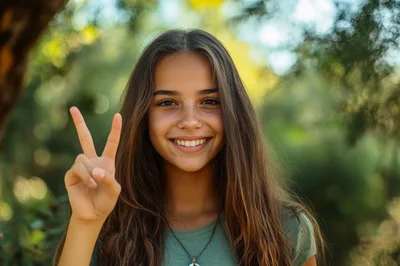 Smiling Young Girl Making Peace Sign Outdoors
