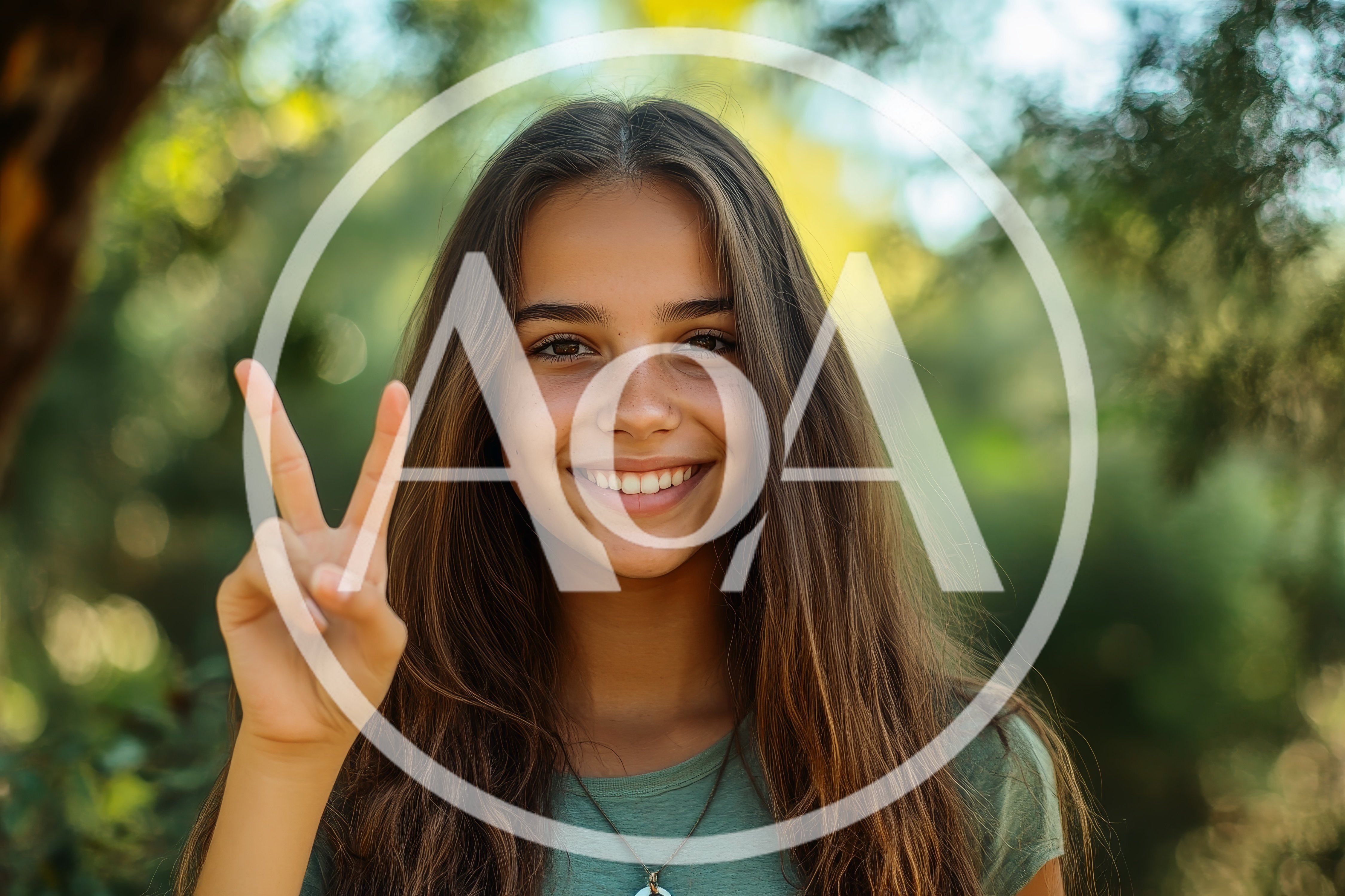 Smiling Young Girl Making Peace Sign Outdoors