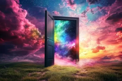 Surreal Open Doorway Leading To A Vibrant Cosmic Galaxy