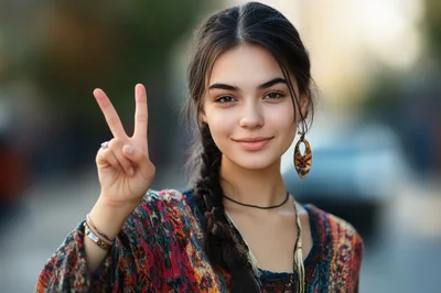 Young Woman Making Peace Sign Gesture Outdoors