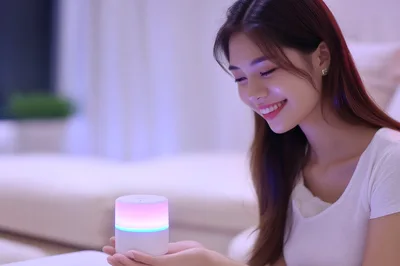 Young Woman Holding Glowing Smart Home Speaker