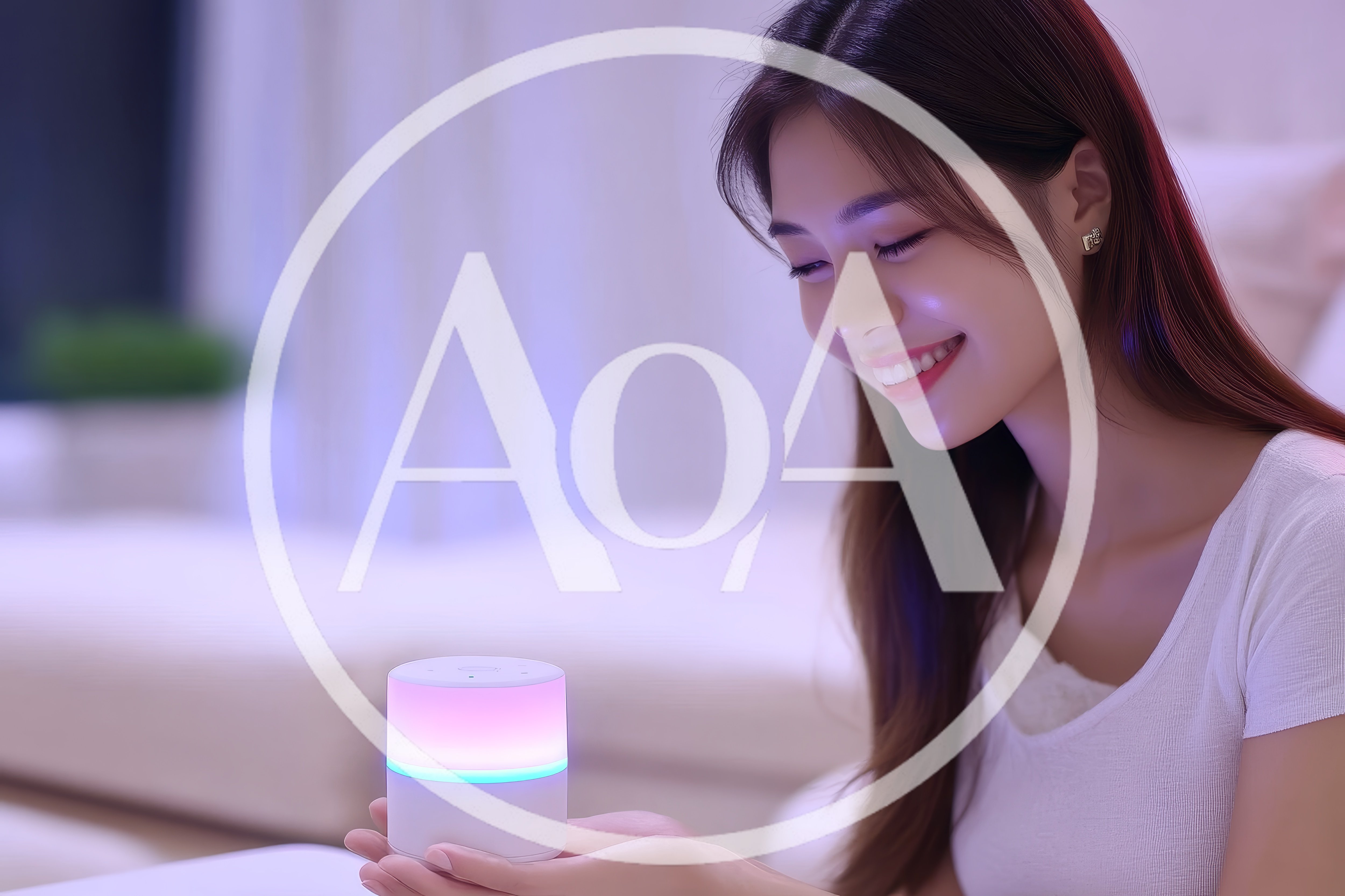 Young Woman Holding Glowing Smart Home Speaker