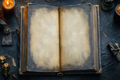 Open Antique Spellbook With Candles And Occult Artifacts