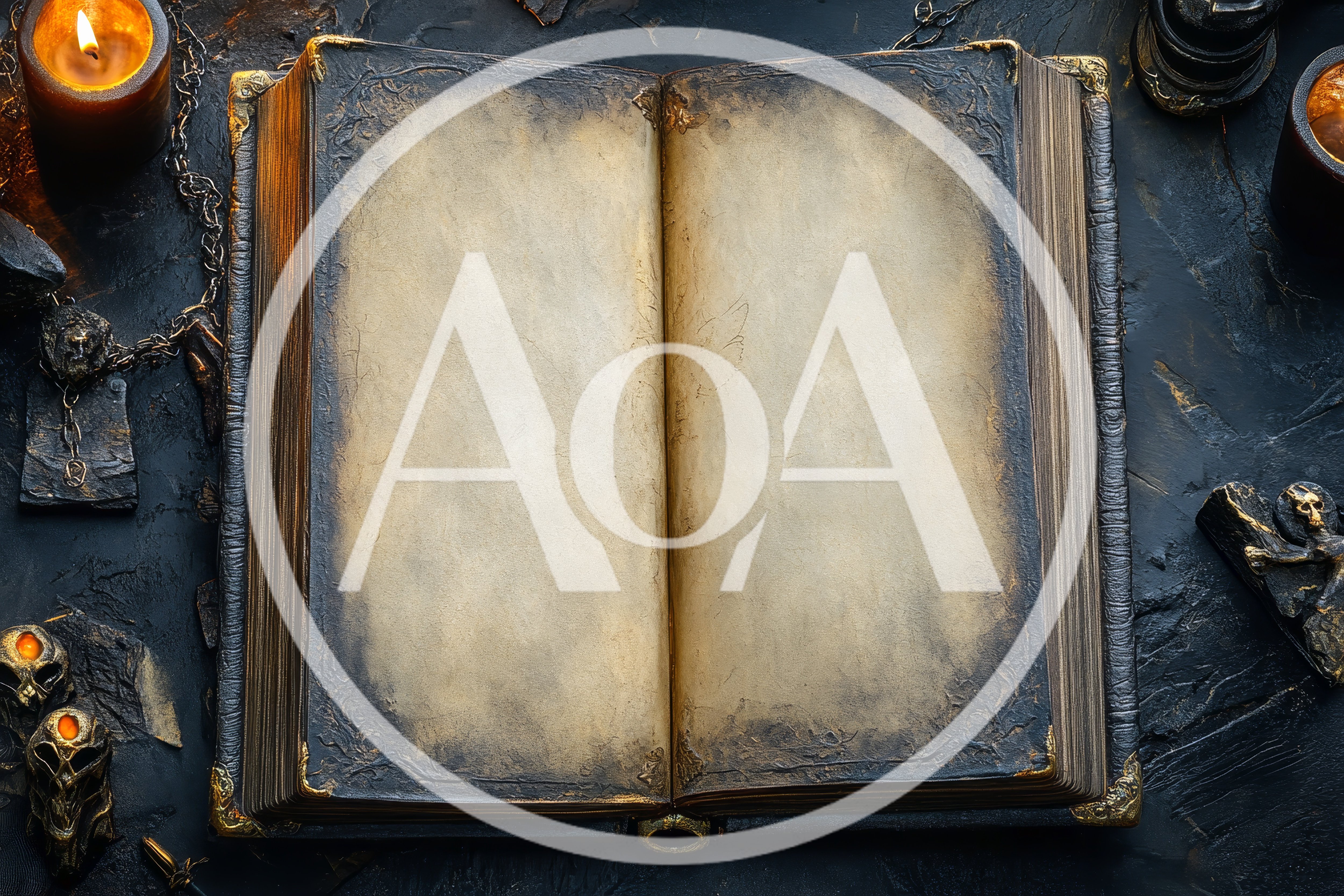 Open Antique Spellbook With Candles And Occult Artifacts