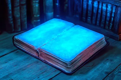 Glowing Open Antique Book On Wooden Library Table