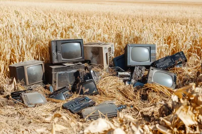 Discarded Vintage Television Sets In A Dry Wheat Field