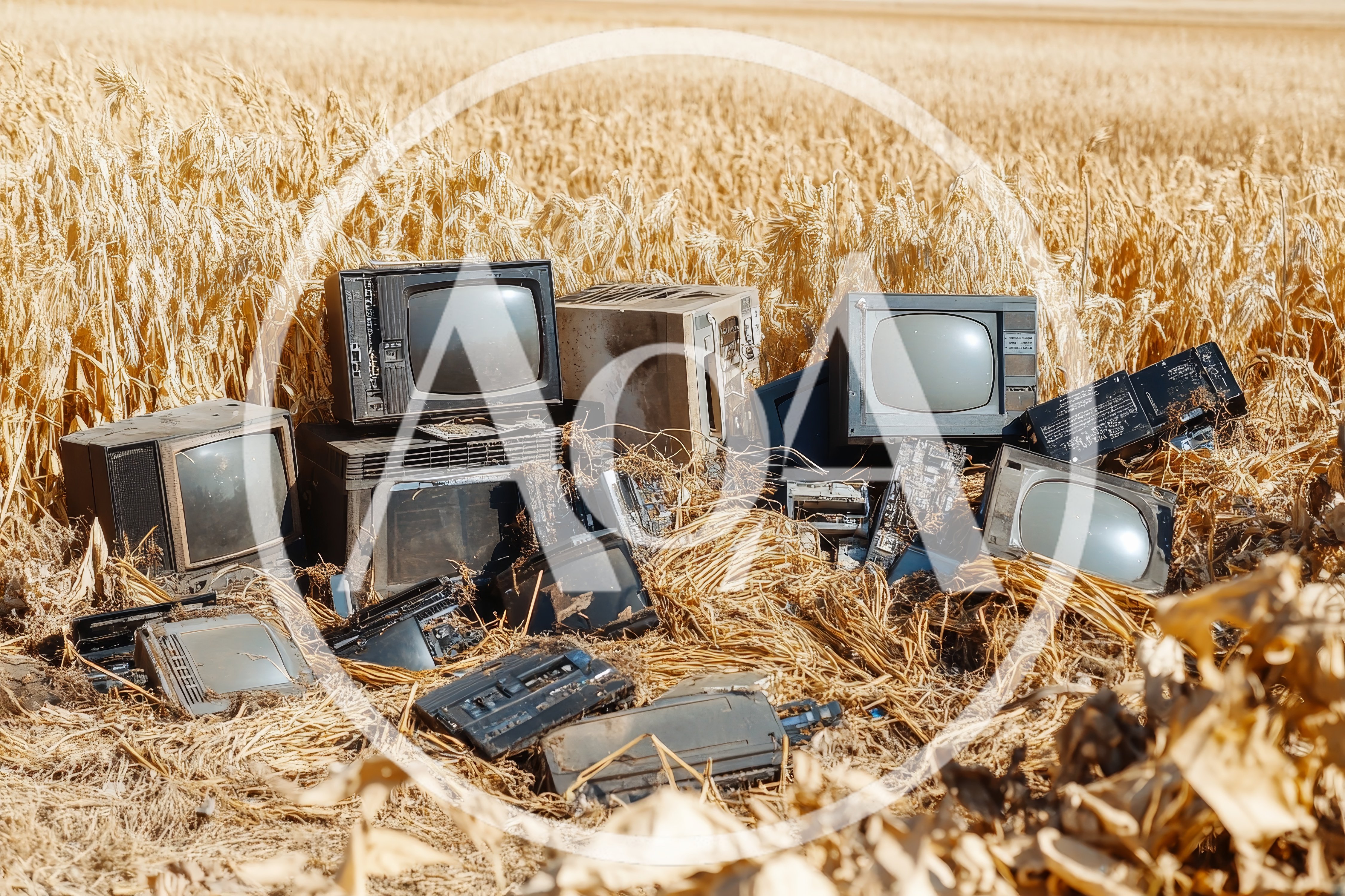 Discarded Vintage Television Sets In A Dry Wheat Field