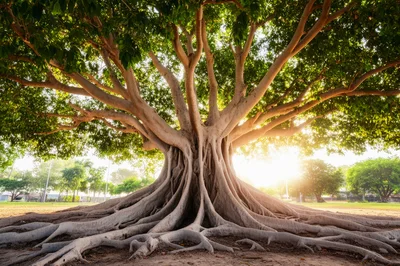 Majestic Banyan Tree With Expansive Roots In Park