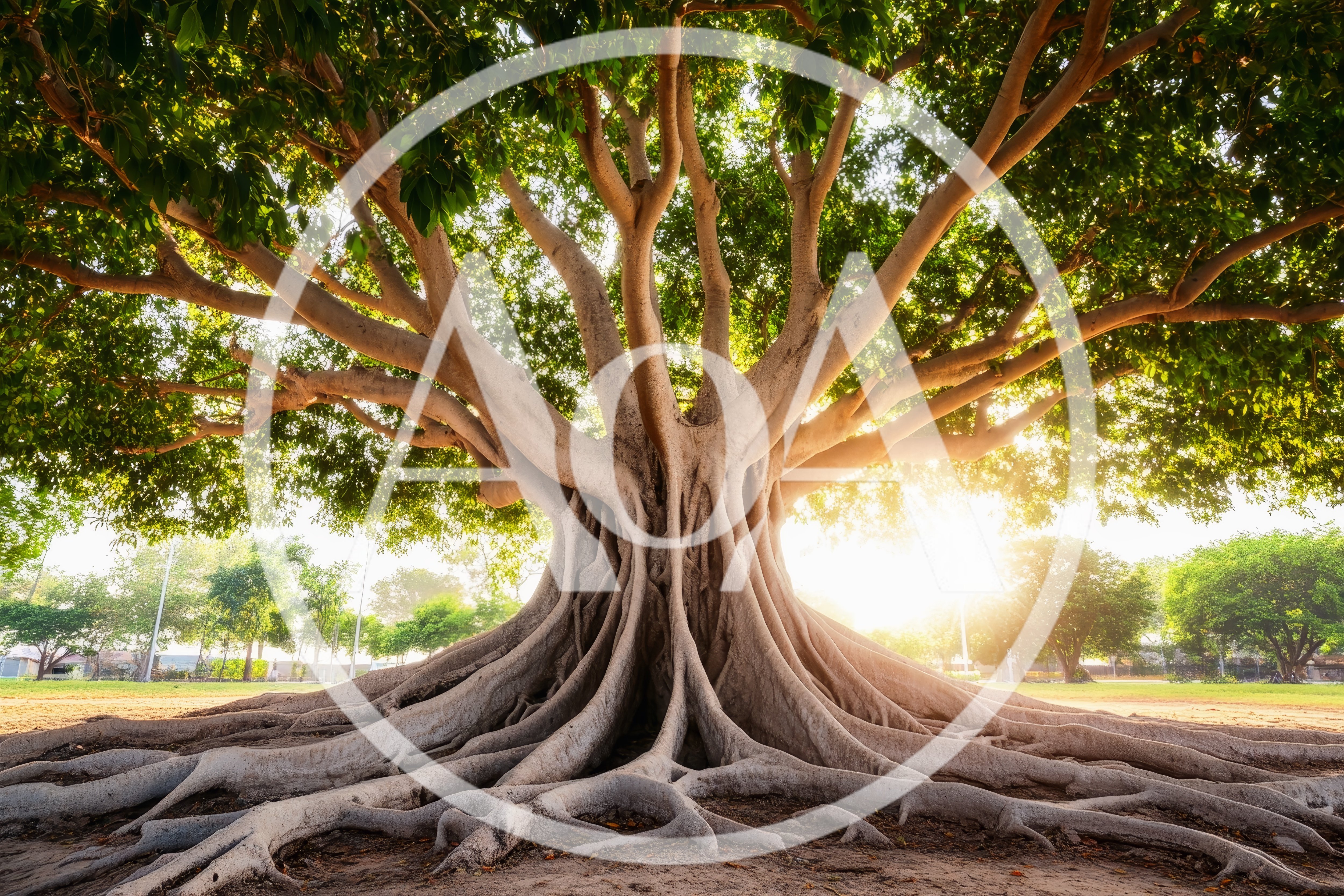 Majestic Banyan Tree With Expansive Roots In Park