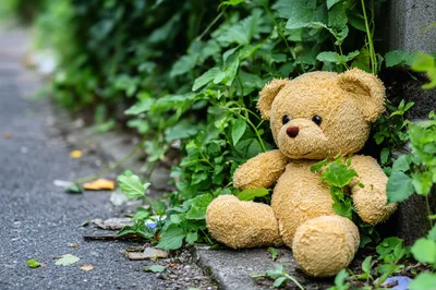 Abandoned Teddy Bear Sitting On A Sidewalk