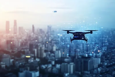 Futuristic Drone Flying Over A Modern City Skyline
