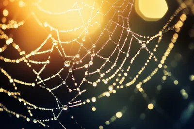 Dew Drops on a Spider Web at Sunrise