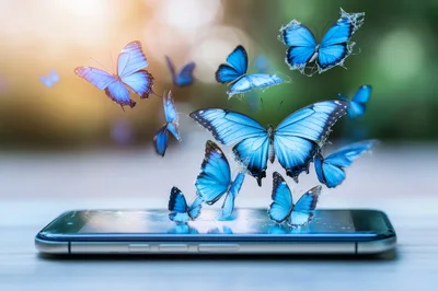 Blue Morpho Butterflies Emerging From A Smartphone Screen