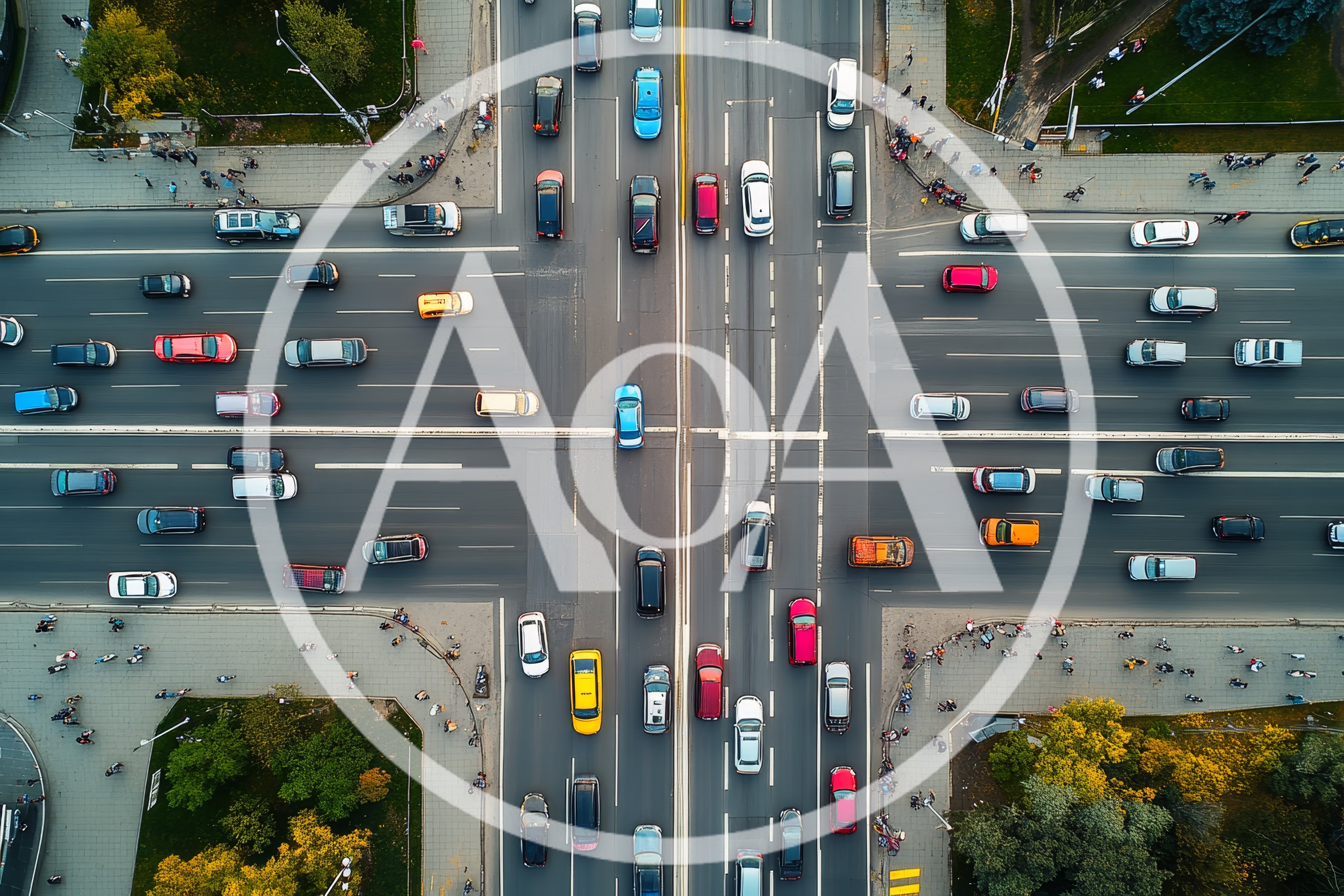Aerial View Of Busy City Intersection With Traffic
