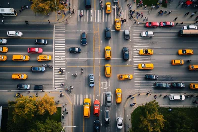 Aerial View Of Busy City Intersection With Traffic