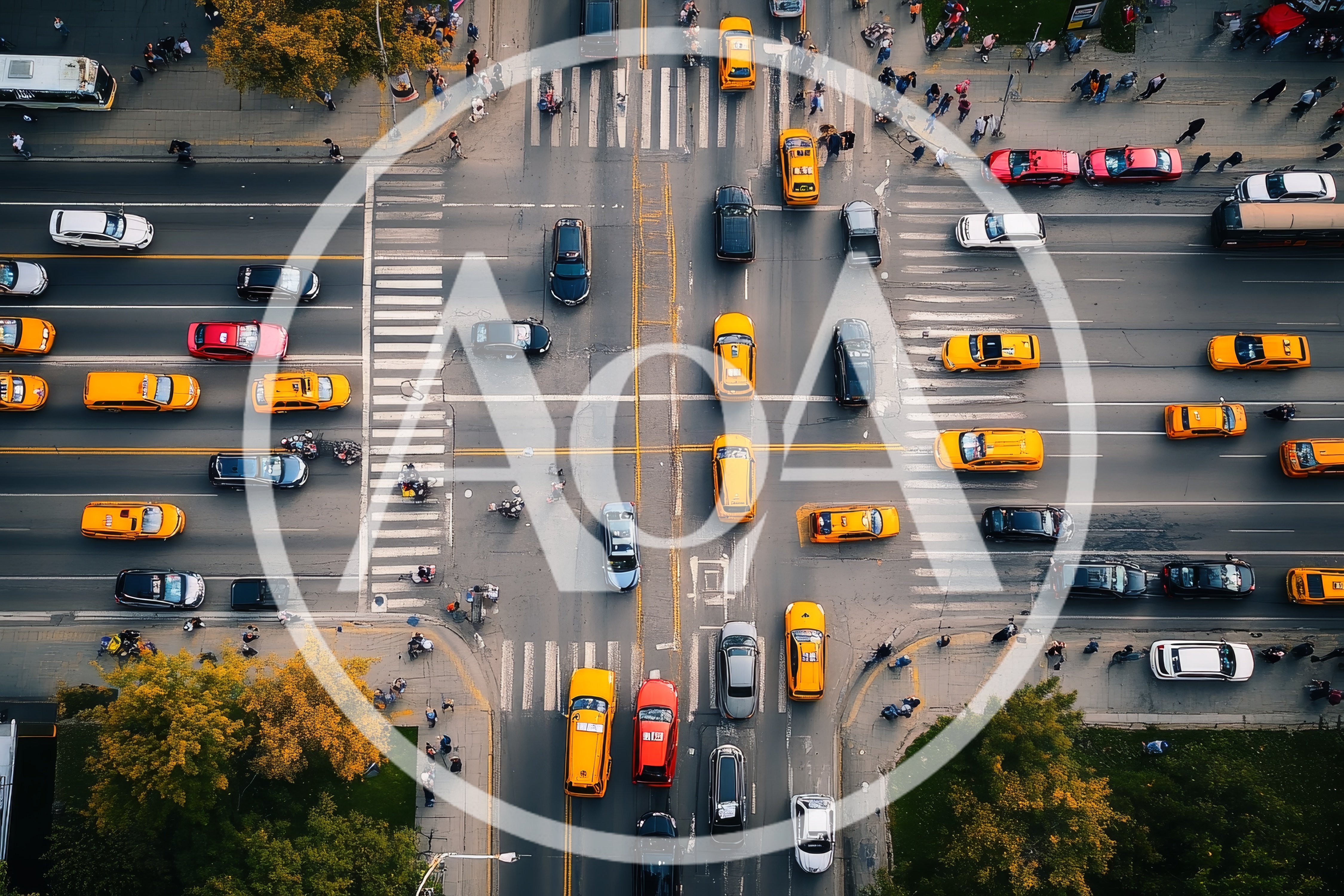 Aerial View Of Busy City Intersection With Traffic