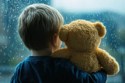 Young Boy Looking Out Rainy Window With Teddy Bear