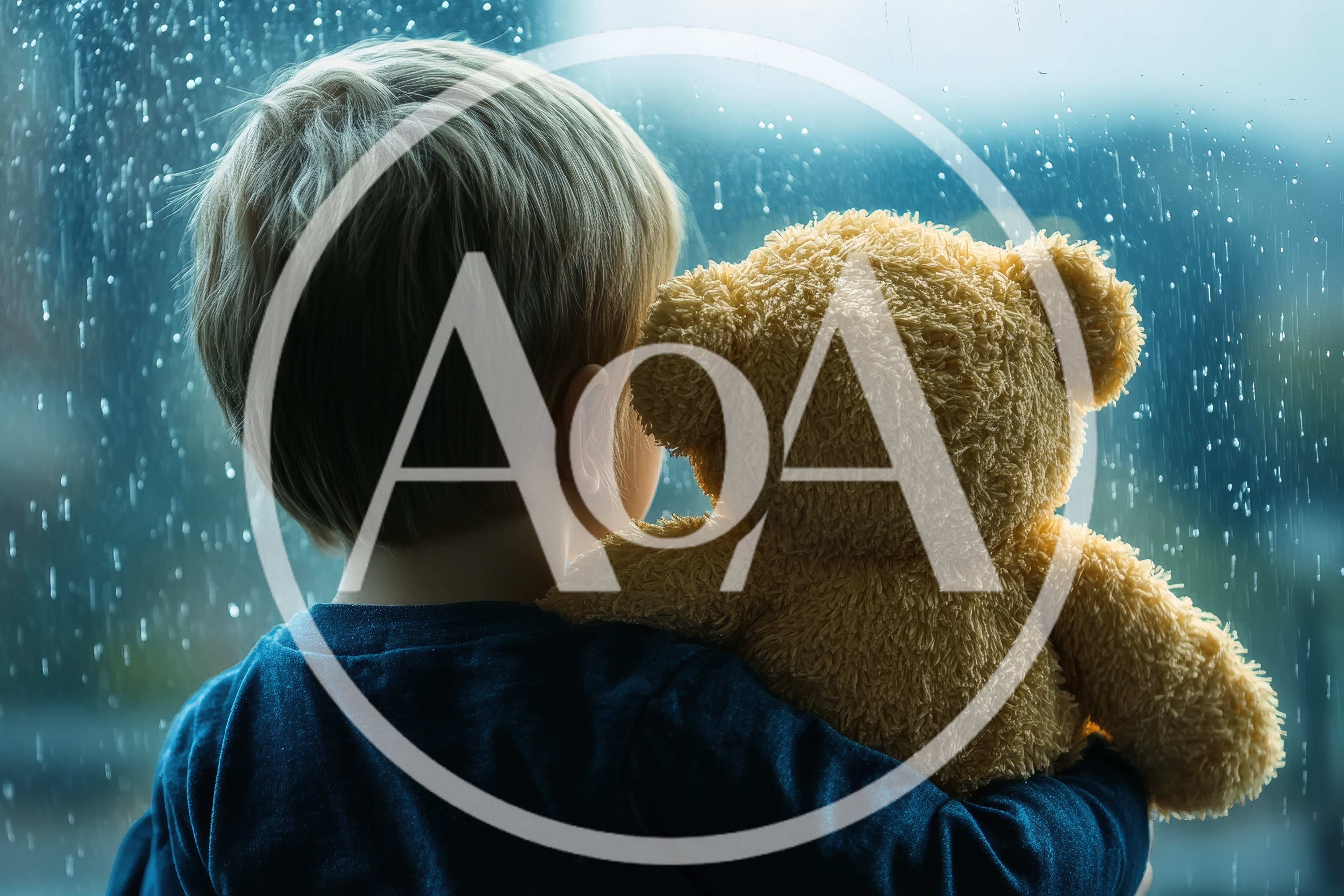 Young Boy Looking Out Rainy Window With Teddy Bear