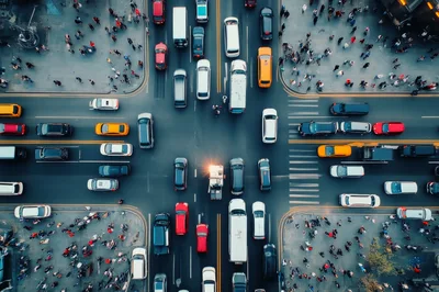 Aerial View Of Busy City Intersection With Traffic