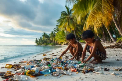 Two Young Boys Cleaning Plastic Waste From Tropical Beach