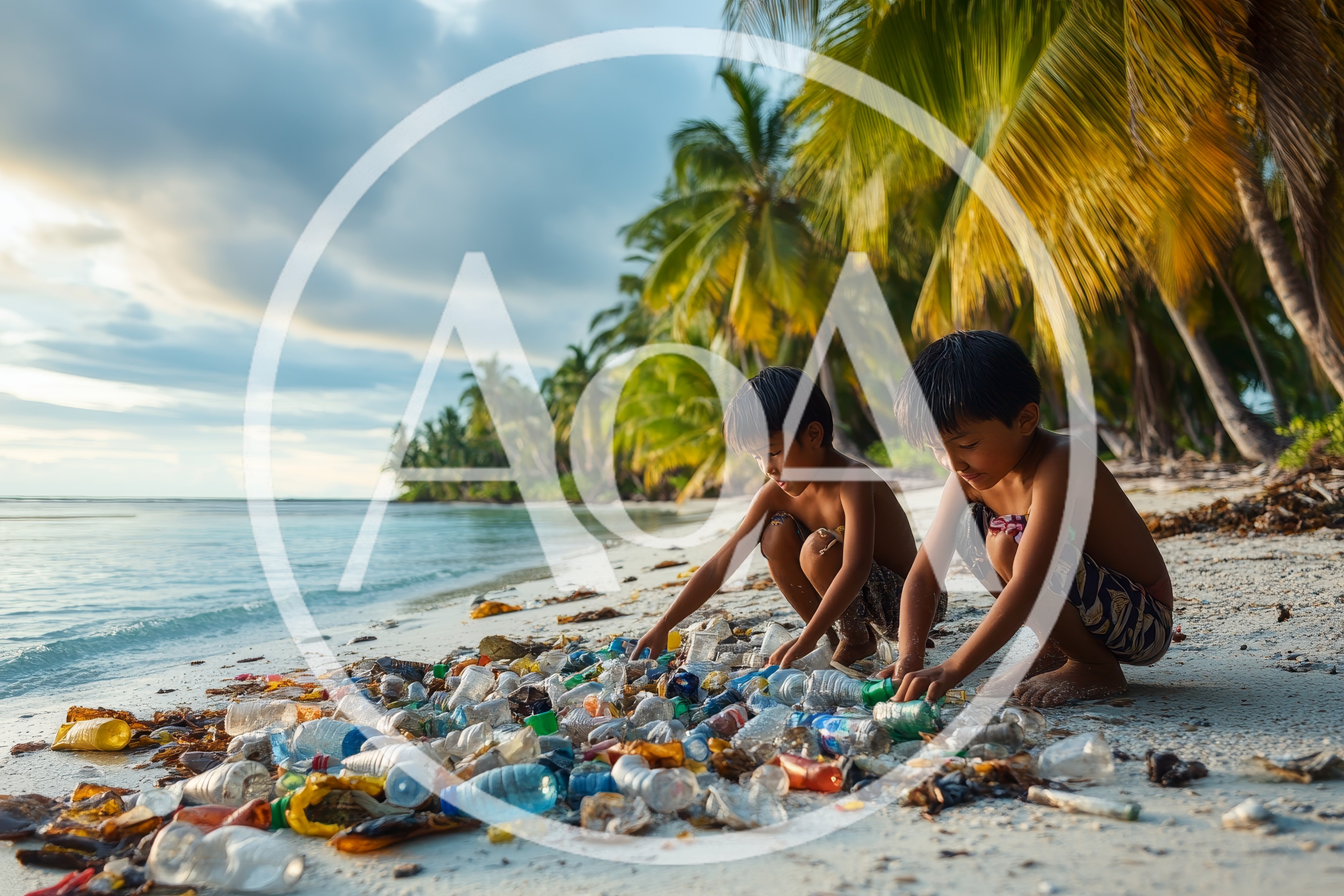 Two Young Boys Cleaning Plastic Waste From Tropical Beach