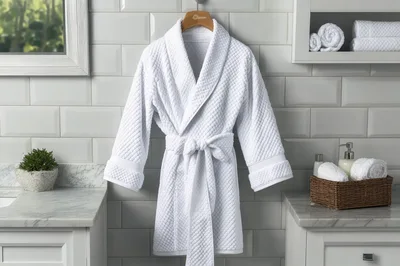 White Waffle Weave Bathrobe Hanging in Bathroom