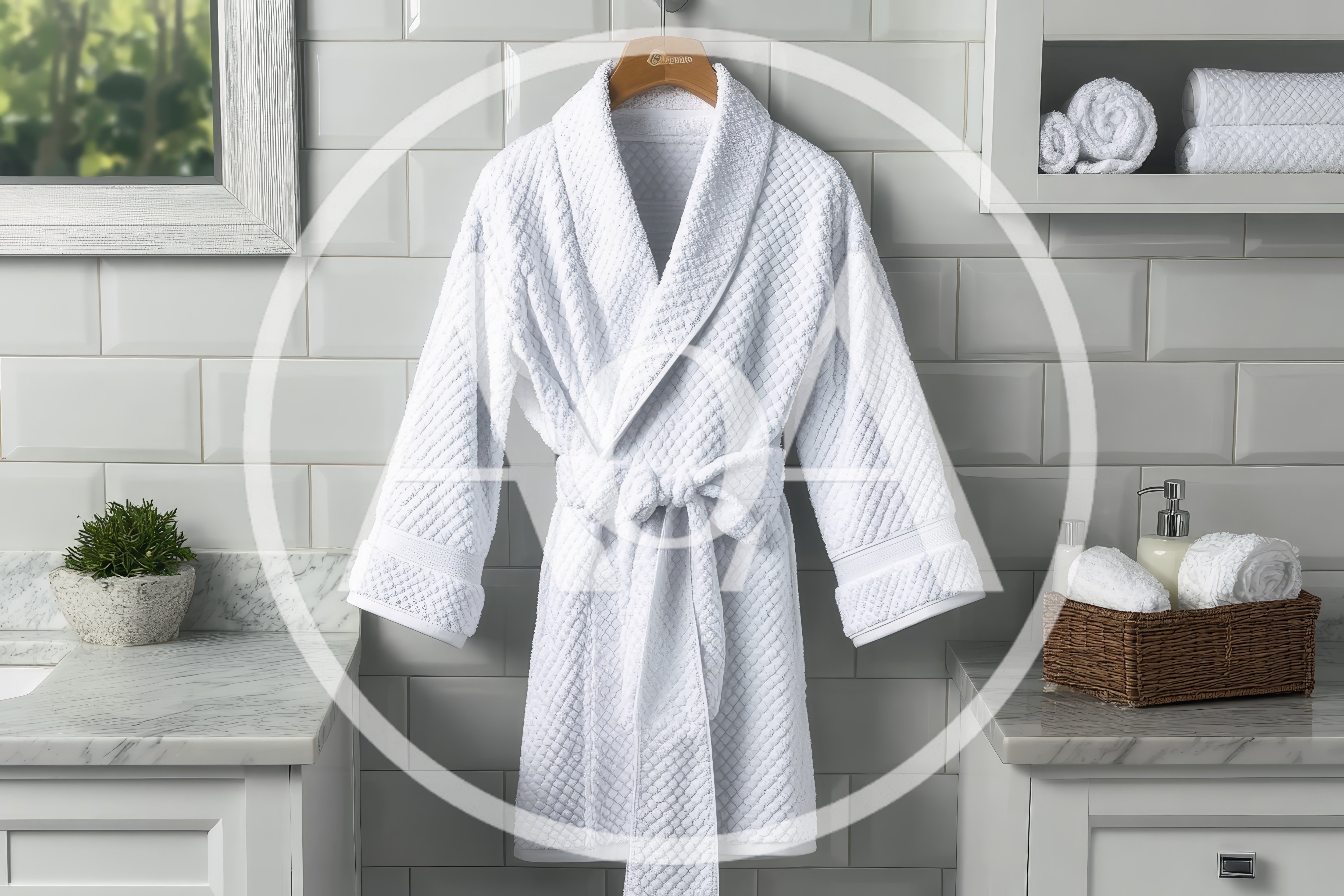 White Waffle Weave Bathrobe Hanging in Bathroom