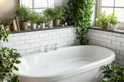 Luxurious Bathtub Filled With Bubbles In A Plant Filled Bathroom